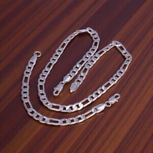 8MM Set Figaro Bracelet 7” Necklace 18” 925 Stamp silver plated  Unisex